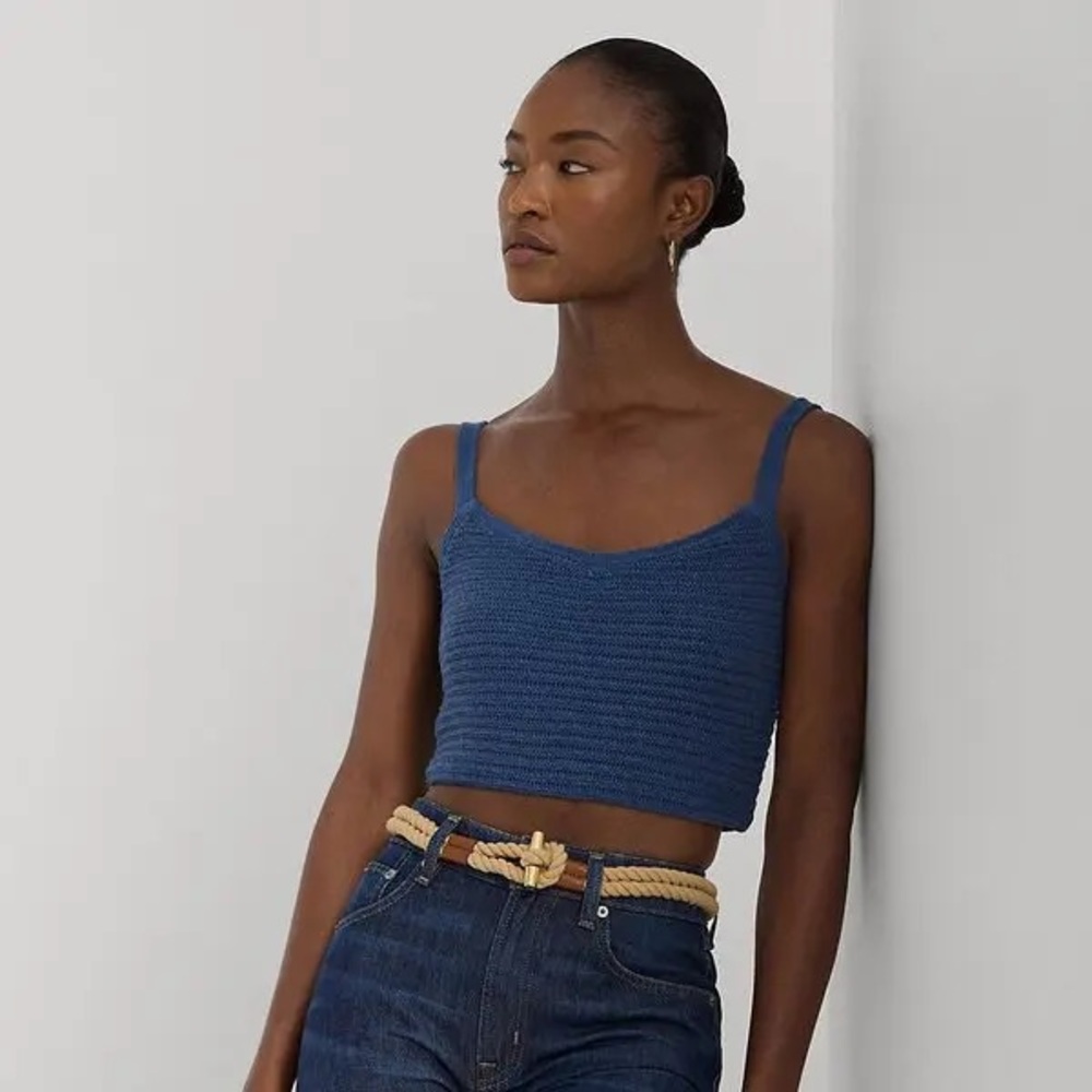 Ralph Lauren Blue Linen-Cotton Knit V-Neck Crop Top, Sleeveless